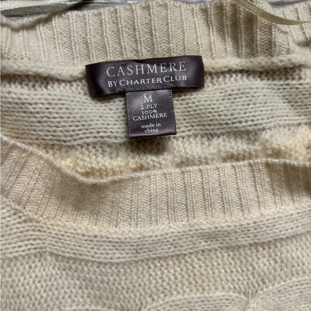CHARTER CLUB 100% 2-Ply Cashmere Ivory Cabled Sweater, Size: M - Picture 3 of 8